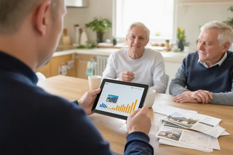 Présentation de l'étude sur tablette à un couple, autour de la table de cuisine